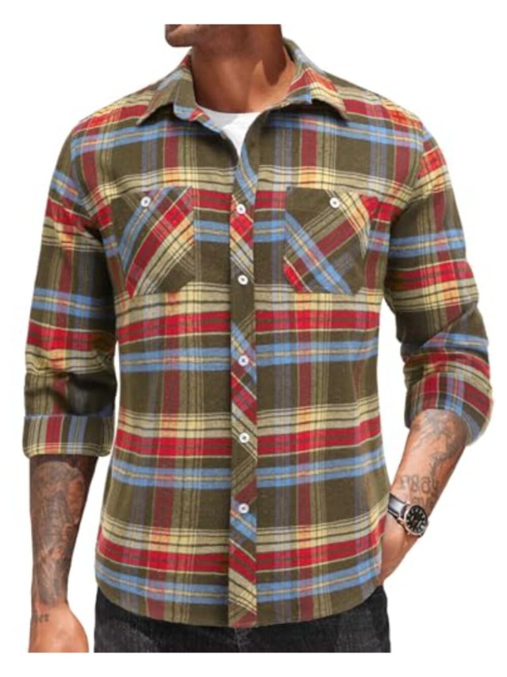 Men's Long Sleeve Plaid Button Down Shirt Cotton Flannel Casual with Pockets